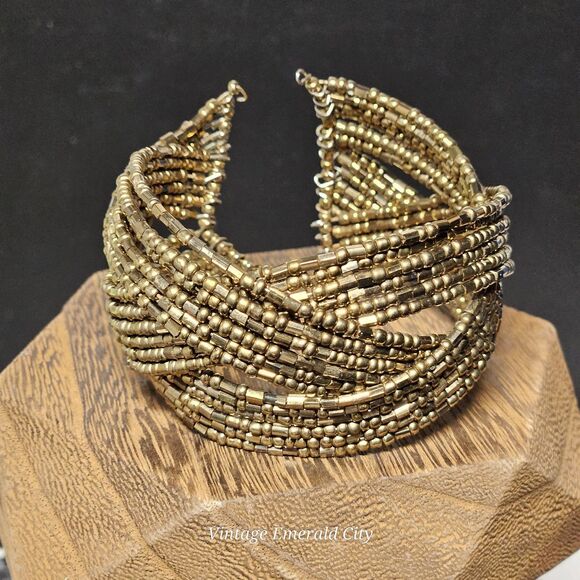 Vtg Metallic Bronze Gold Y2K 90s Striped Pretzel Memory Wire Cuff Bead Bracelet - Picture 3 of 12